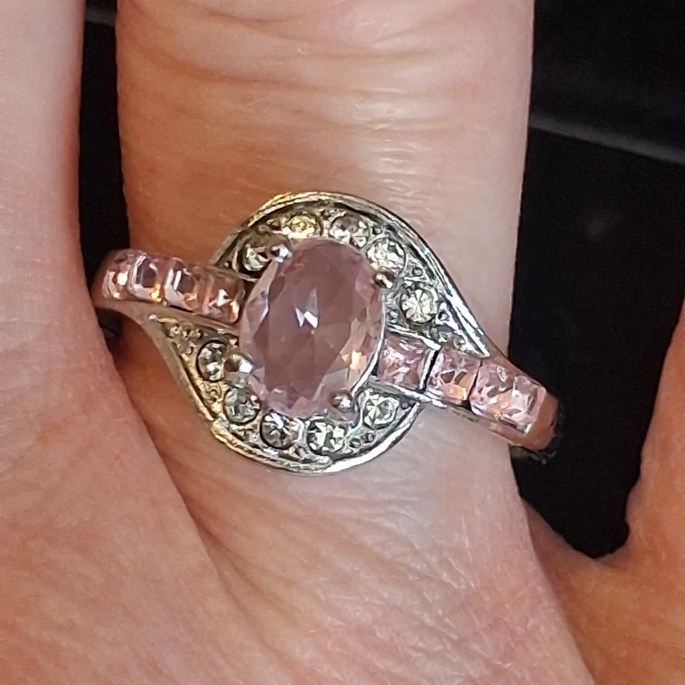 Silvertone Women's Ring With Pink And Clear Faux Diamonds Size 11 1/4